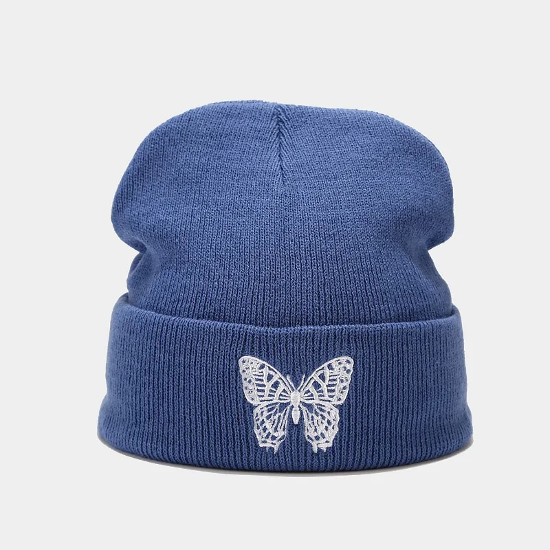 2022 Men and Women Couple Knitted Hat Butterfly Embroidery Woolen Hat Outdoor Wild Warm Pullover Cap Elastic Adjustable