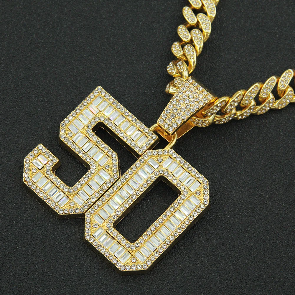 

Hip Hop Iced Out Cuban Chains Bling Diamond Rhinestone Number 50 Pendants Mens Necklaces Gold Jewelry for Night Club Choker Gift