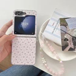 Sweet Pink Bow Floral Pattern Case with Bear Bracelet Chain - Stylish Back Cover - Z Flip 5 (A)