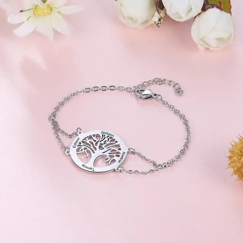 Personalized Tree of Life Bracelets with Engraving Name Stainless Steel Custom Family Tree Bracelets for Women Customized Bracel