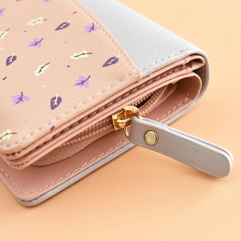 2021 new women's long money car sewing fashion student broken flowers contrast color splicing three fold zero wallet card bag