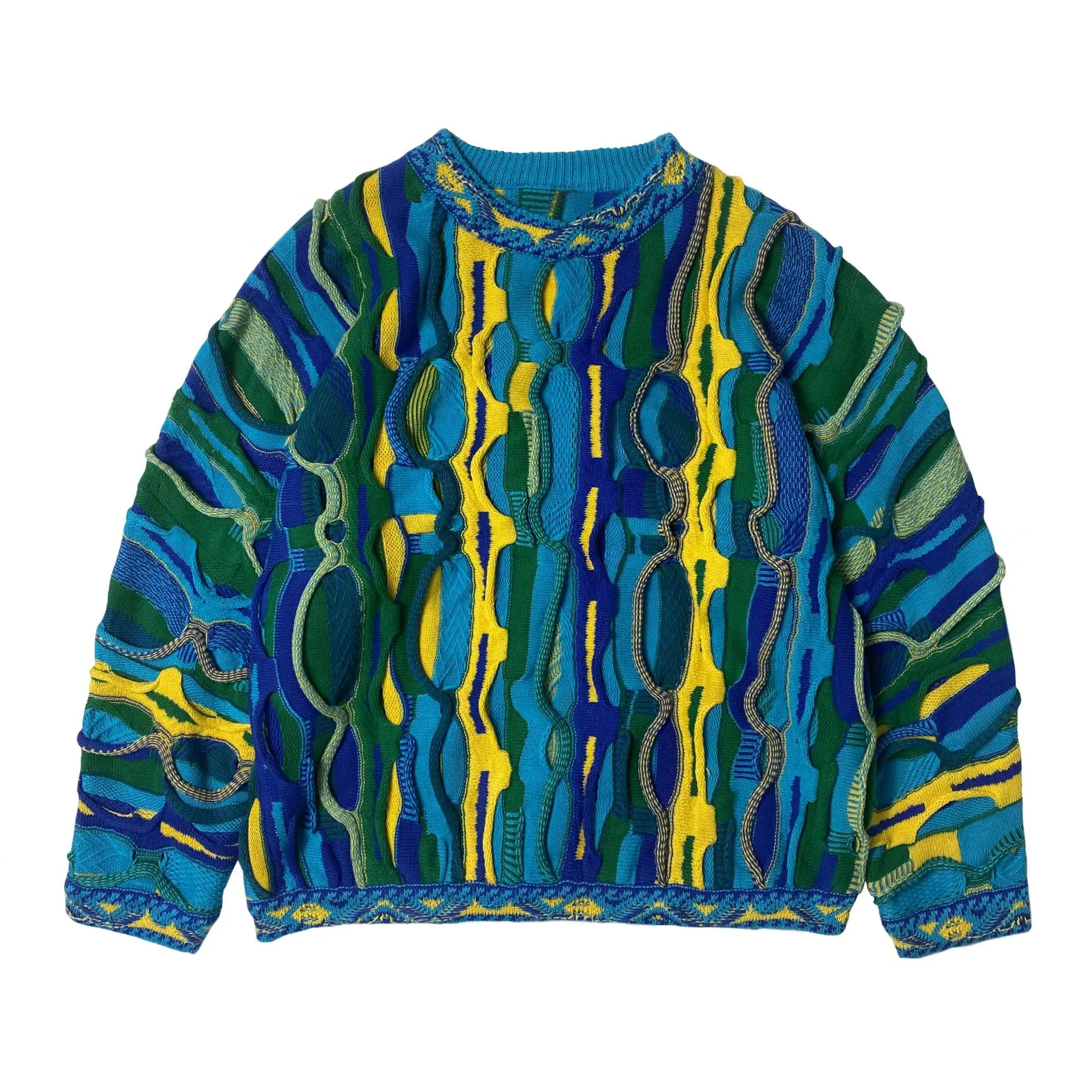 ABOORUN Men's 3D Bitter Melon Pattern Contrast Color Sweaters Heavy Industrial Pullover Knitwear for Male 3