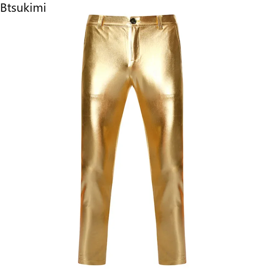 New2024 Mens PU Faux Motorcycle Pants Straight Leg Trousers Shiny Silver Coated Metallic Pants Men Nightclub Stage Costume Pants