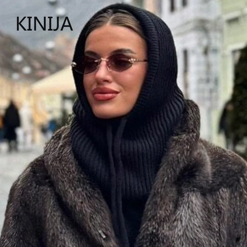 Women Knitted Balaclava Fashion Fake Collar Shawl Hooded Hat Thick Warm Beanines Winter Hat