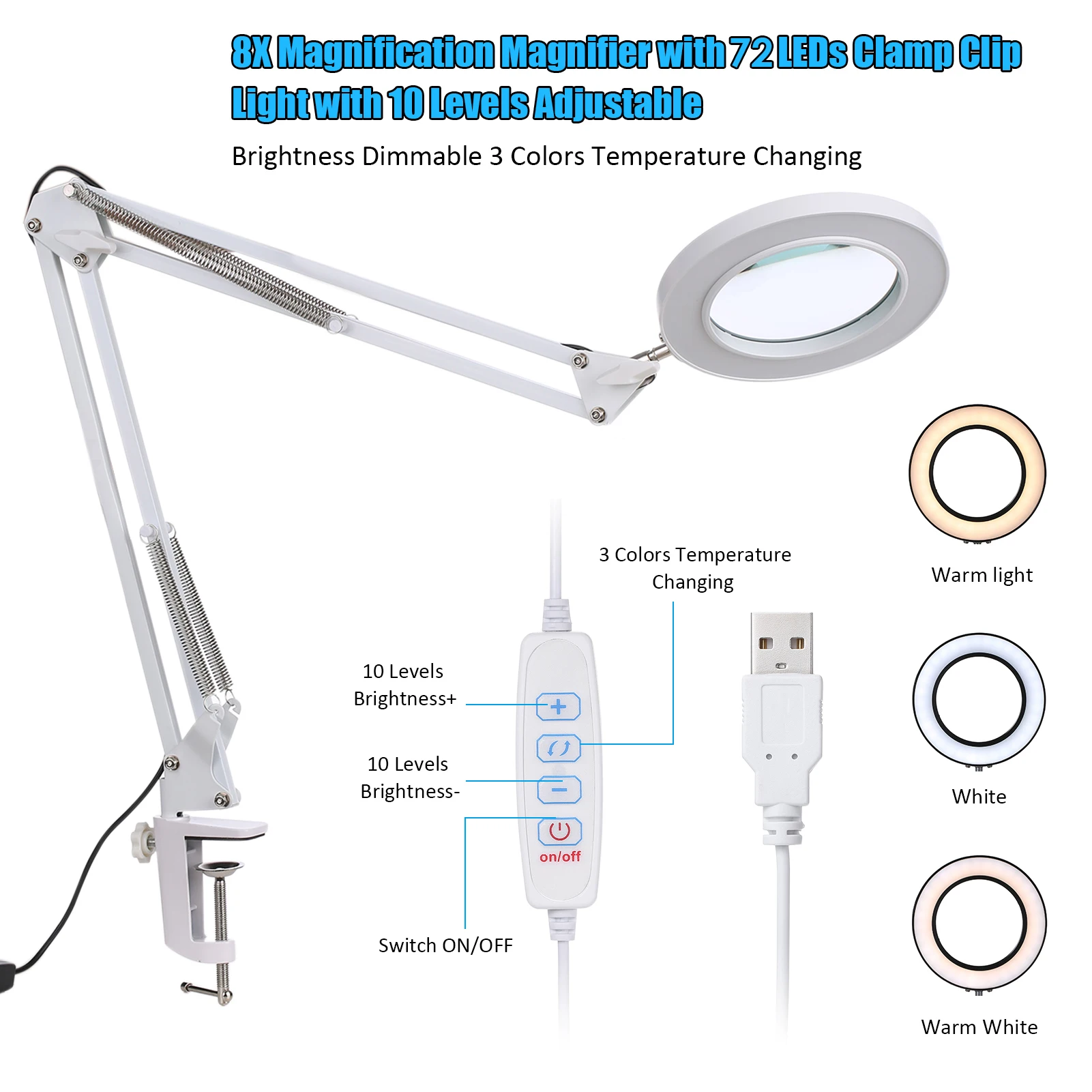 USB Powered Magnifying 4 3D + 12D Glass Lens Desk Lamp with Base, Clamp  and Dual Color LED-White