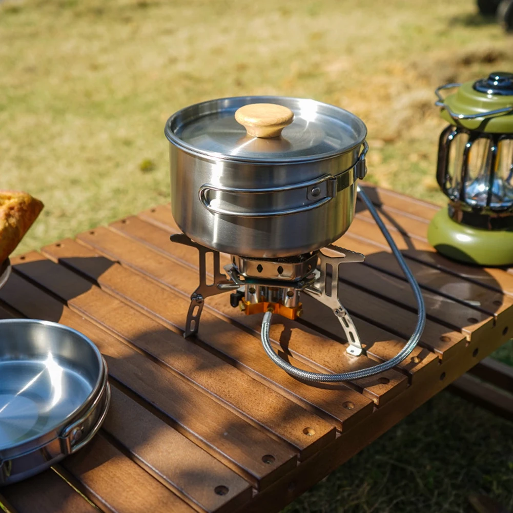 Camping Pot Set Portable Camping Pan Stainless Steel Foldable Handle with Storage Bag Travel Tableware Picnic Equipment