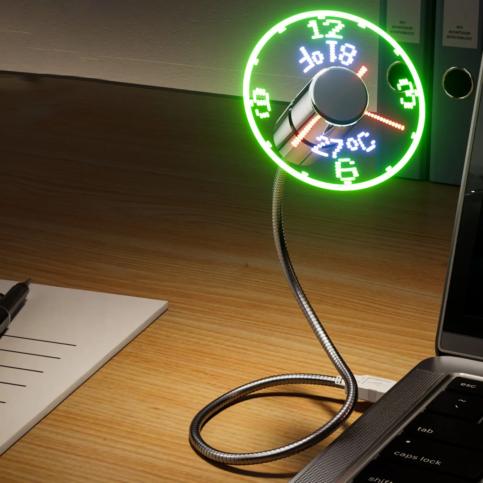USB Clock Fan Portable Real Time Dispaly Clock Display Gooseneck Fan Flexible Cooling for Summer Desk Office Laptop
