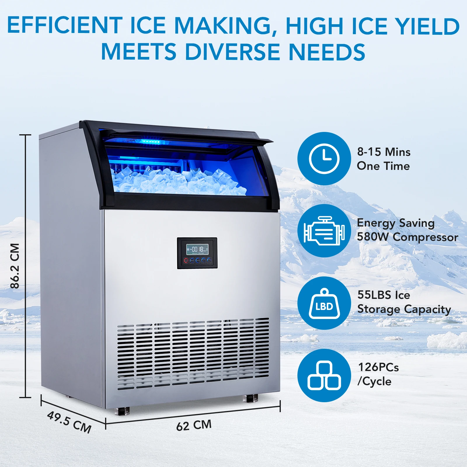 265LB/24H Stainless Steel Under Counter Ice Maker with Self Cleaning, 55 Lbs Storage Basket for Home Office Restaurant Bar