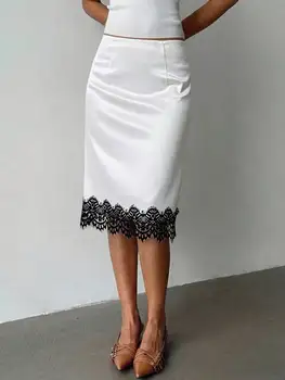 Women's White Satin Midi Pencil Skirt with Black Lace Trim, Elegant Skirt for Office, Party & Dinner