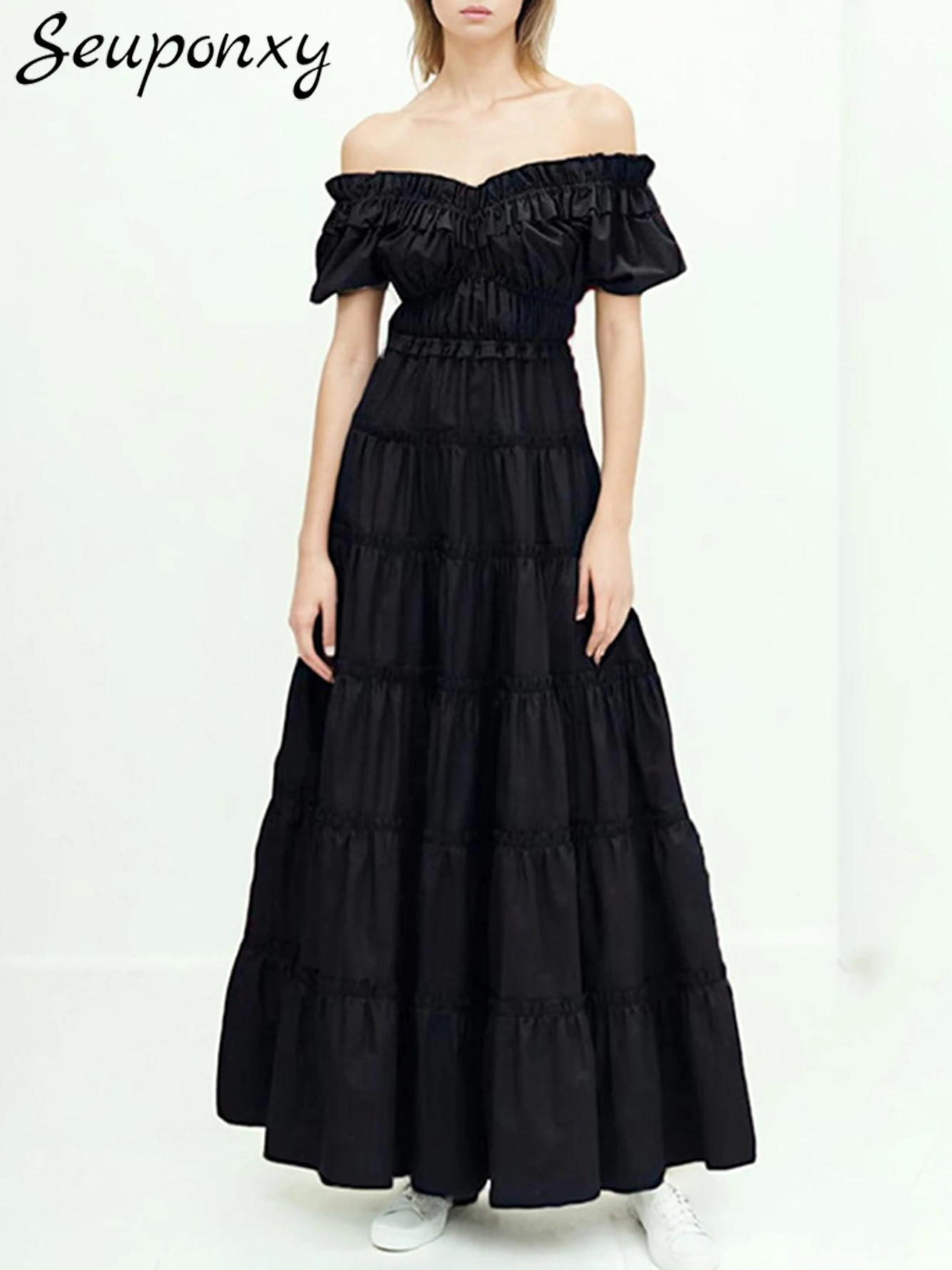 

High Quality Women'S Sexy Off The Shoulder Puff Short Sleeved Ruffled Black Maxi Dress Elegant Evening Party Dress Vestidos