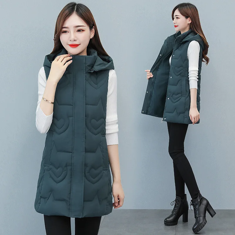 

New mid length Korean version detachable hat, down cotton warm vest for women