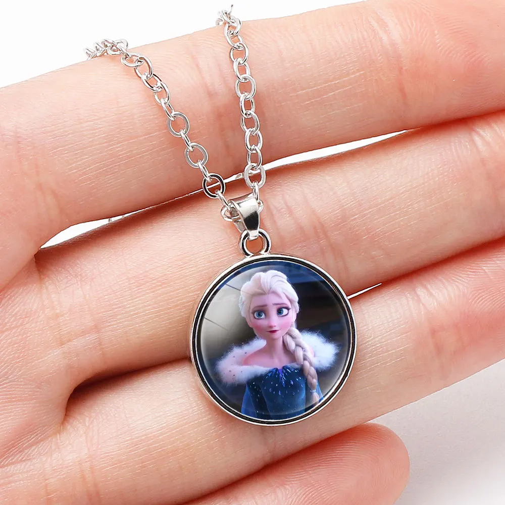 

Disney Necklaces Frozen Cartoon Anime Snow White Elsa Princess Anna Round Shaped Pendant Girls Accessories Kids Christmas Gifts