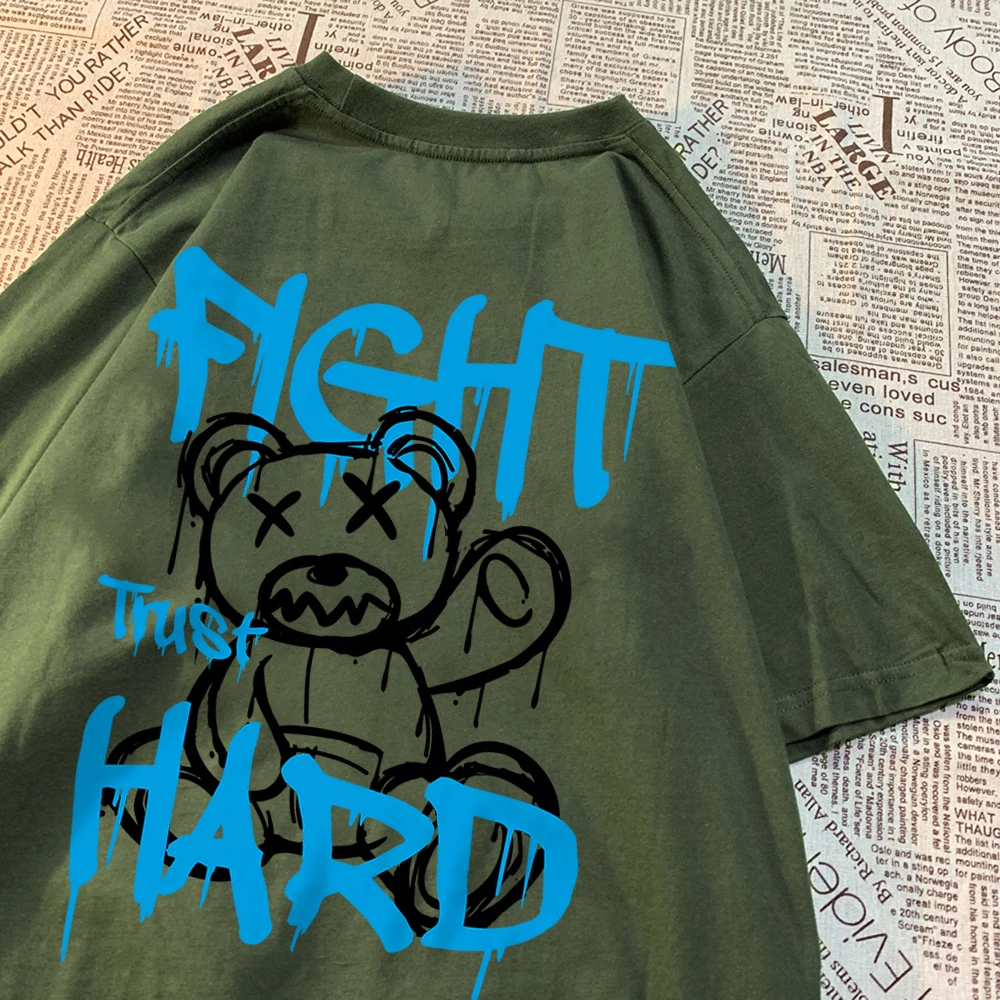 Fight Trust Hard Creative Letter Blue Bear T Shirt Men Fashion Breathable Shirts Breathable Summer Tee Clothes Oversize T-Shirt
