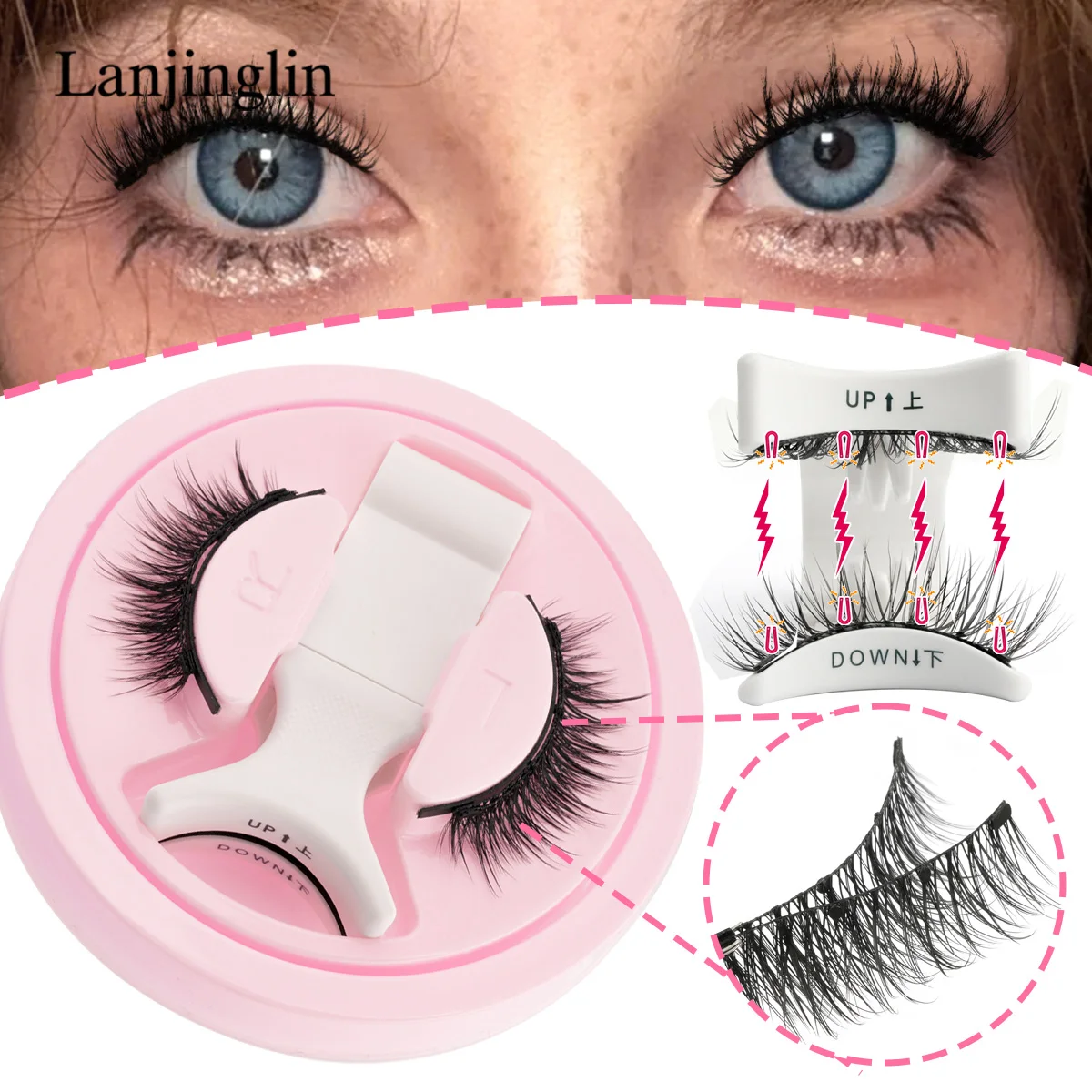 Lanjinglin 1 Pair Magnetic Eyelashes New Handmade Natural Faux Mink Lashes Reusable False Eyelashes and Magnetic Tweezers Set