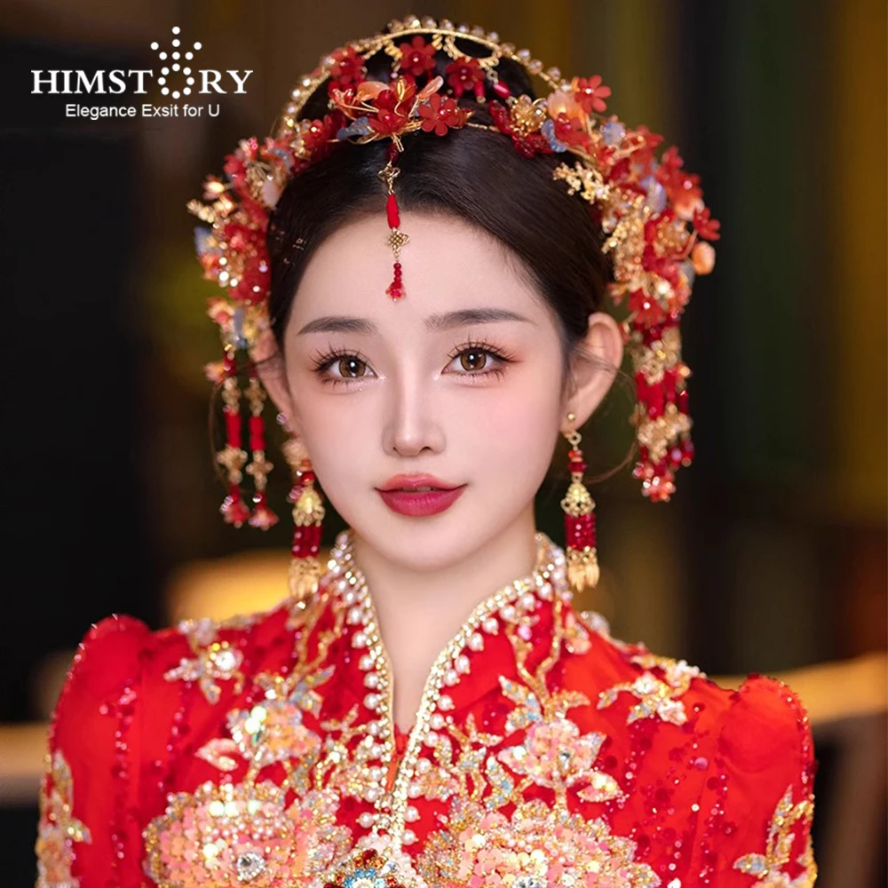 

HIMSTORY Traditional Chinese Wedding Red Crystal Flower Phoenix Crown Ancient Dress Headwear Bride Xiuhe Hanfu Hair Accessorie