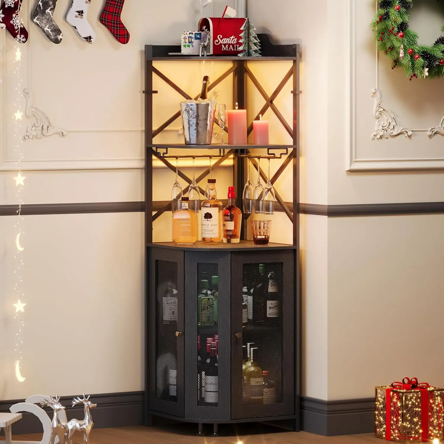 Industrial Corner Bar Cabinet with LED Lights, 5-Tier Wine Storage with Glass Holder and Door, Black Home Bar Furniture