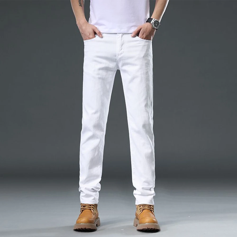 2025 Autumn Men's White Slim Fit Straight Jeans Casual Stretch Denim Pants Comfortable Fashion Streetwear Male Brand Clothing 3