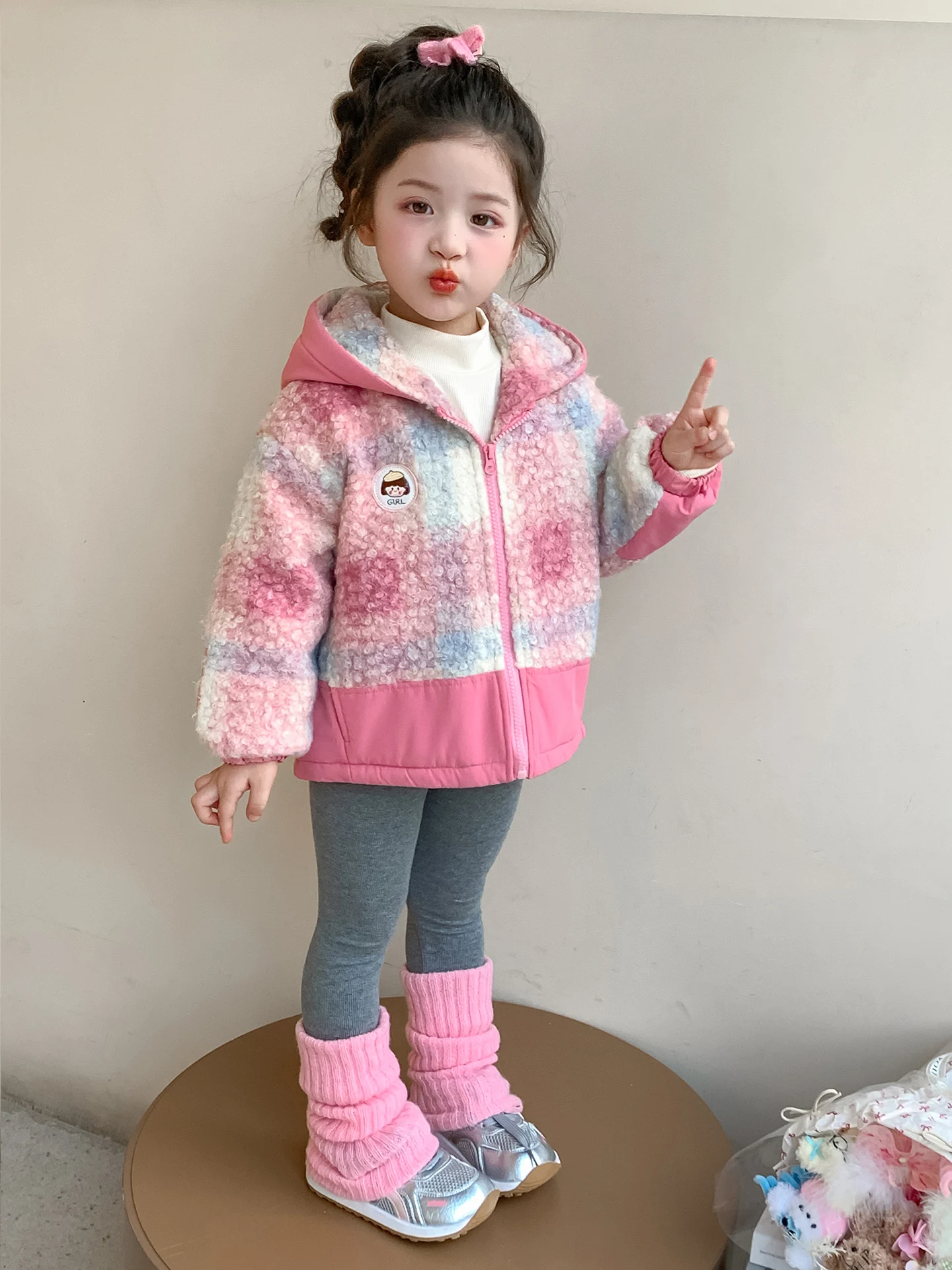여자 플리스 안감 후드 재킷 겨울 두꺼운 따뜻한 지퍼 모피 코트 캐주얼 스타일 아동 겨울 아우터 스위트 시리즈