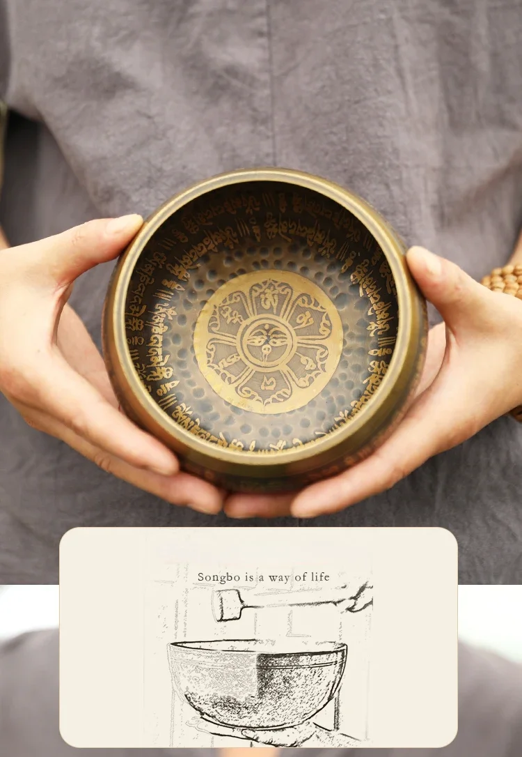 Nepal Handmade Yoga Meditation Bowl with Mantra Design Tibetan Singing Bowl Set for Meditation and Relaxation 5