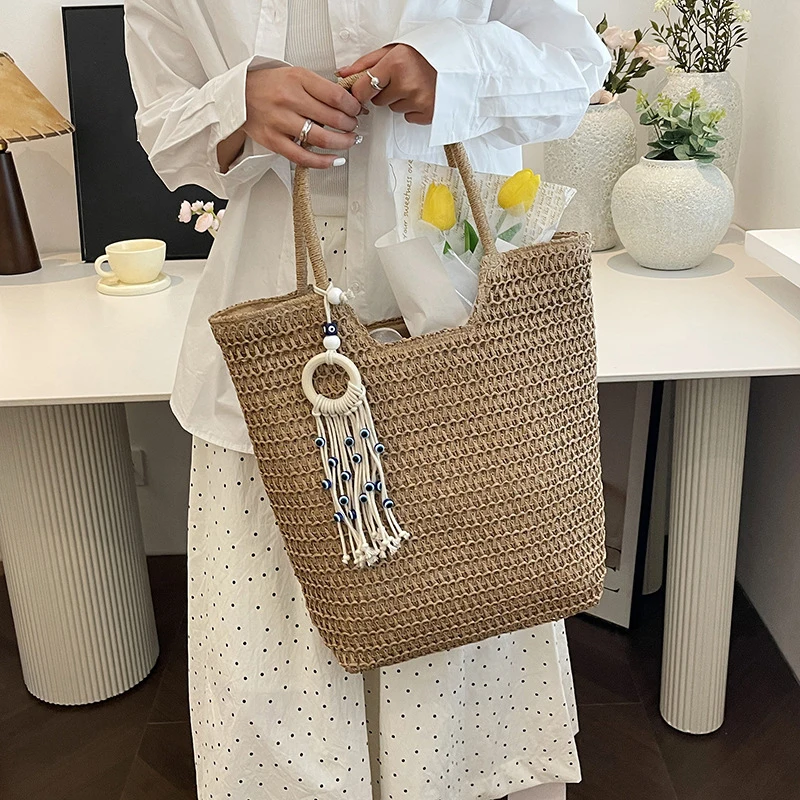 Straw Beach Bag Summer Woven Tote Bag with Tassels Large Shoulder