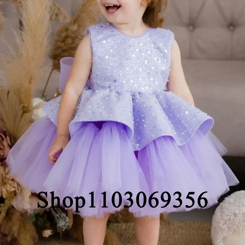 

Purple Flower Girl Dresses Tulle Puffy Sequin With Bow Sleeveless Kids Baby Girls Pageant Wedding Birthday Party Holiday Gown