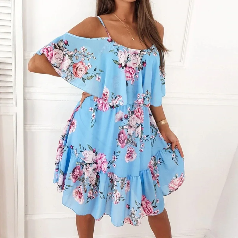 

Sexy Summer Spaghetti Strap Holiday Floral Print Women Dresses Fashion Off Shoulder Sundress Elegant Chiffon Beach Boho Vestido