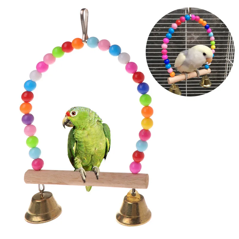 Natural Wooden Parrots Swing Toy Birds Perch Hanging Swings Cage With Colorful Beads Bells Toys Bird Supplies