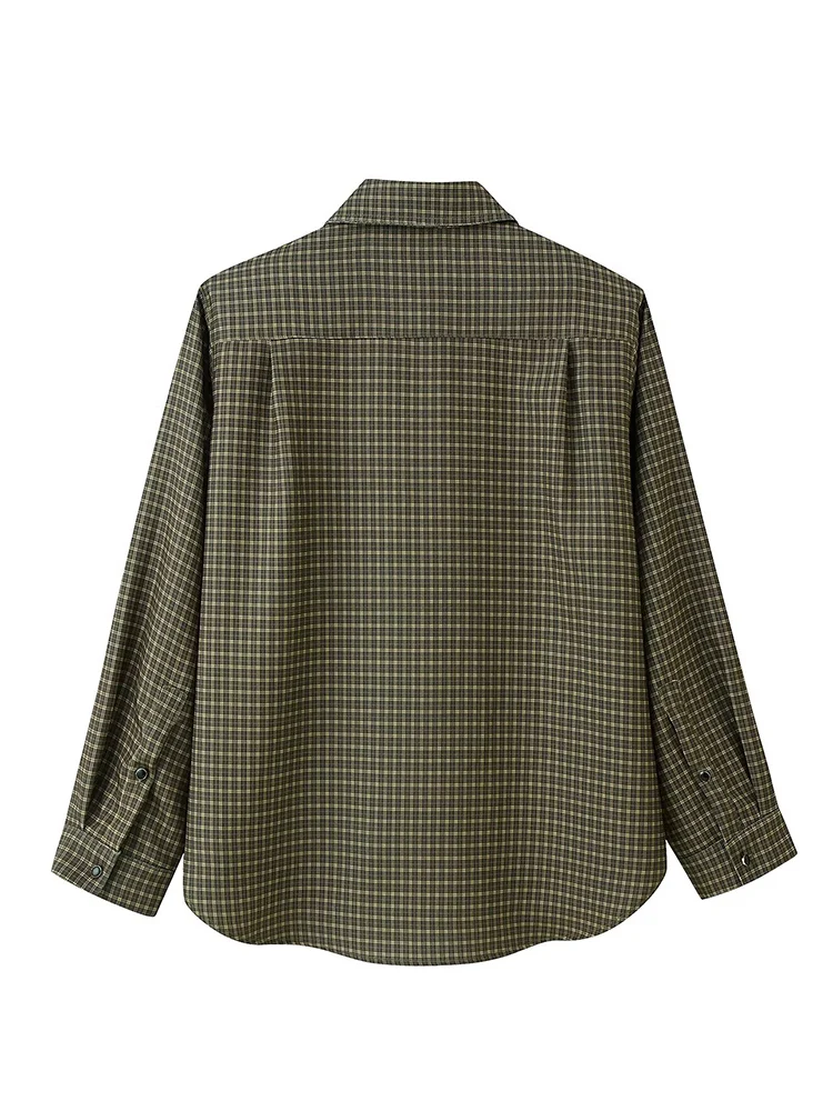 Women Plaid Shirt Vintage Single Breasted Shoulder Pad Turn-down Collar Long Sleeve Pocket Shirt A Office Lady Autumn Blouse