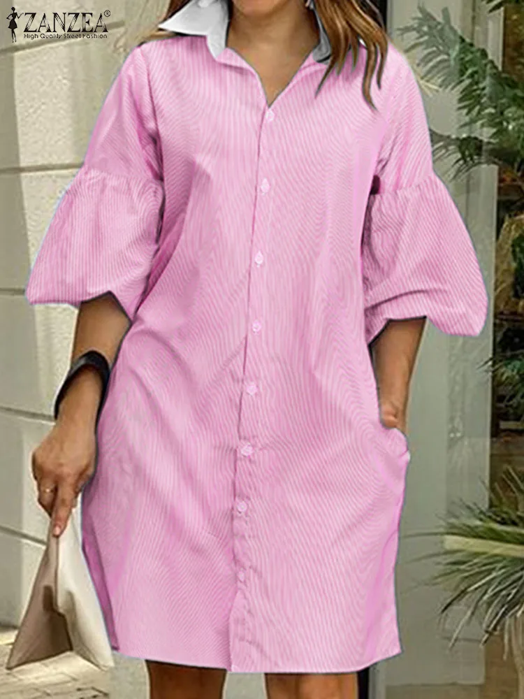

ZANZEA Bohemain Autumn Sundress Women Lapel Stripe Shirt Dress Elegant Party Dresses Robe Casual Lantern Sleeve Work Vestidos