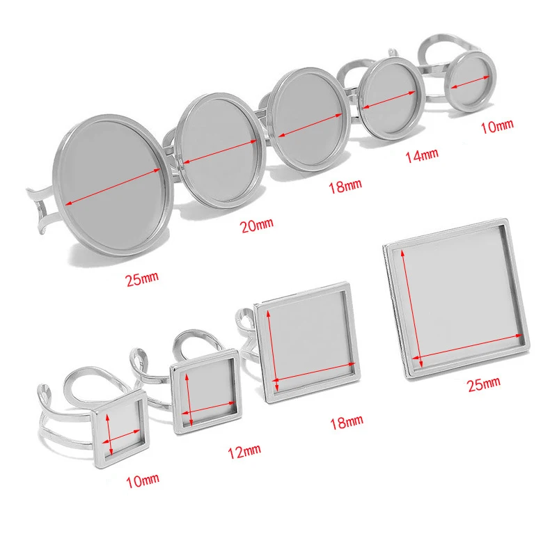 4 Stück Edelstahl rund quadratisch offen verstellbar Ring Rohling Einstellungen Cabochons Trayer DIY Schmuck machen Ergebnisse liefert – Detail 2