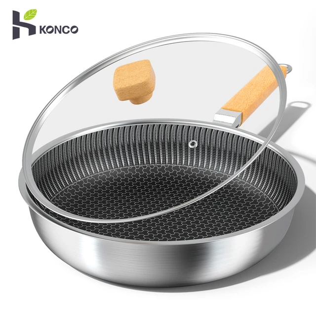 Stainless Steel Wok Honeycomb Grain Frying Pan Handled Kitchenware Traditional Pan, Size: 56X34X8.5CM