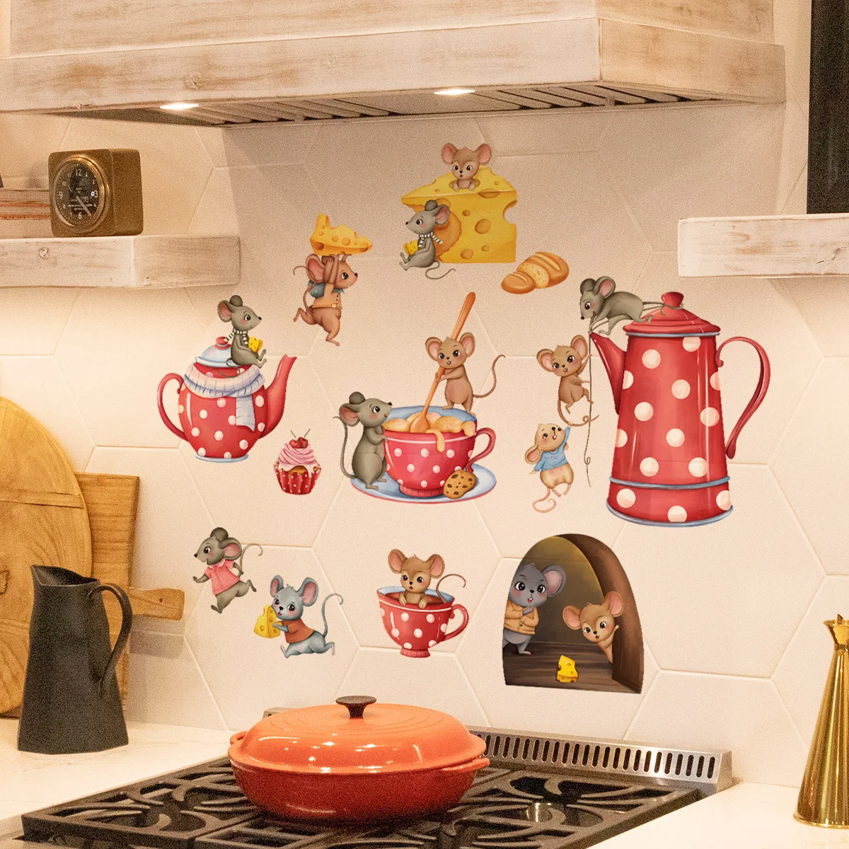 Leuke Muis Dessert Voedsel Keuken Muurstickers Theepot Muizen Wall Art Decals Voor Eetkamer