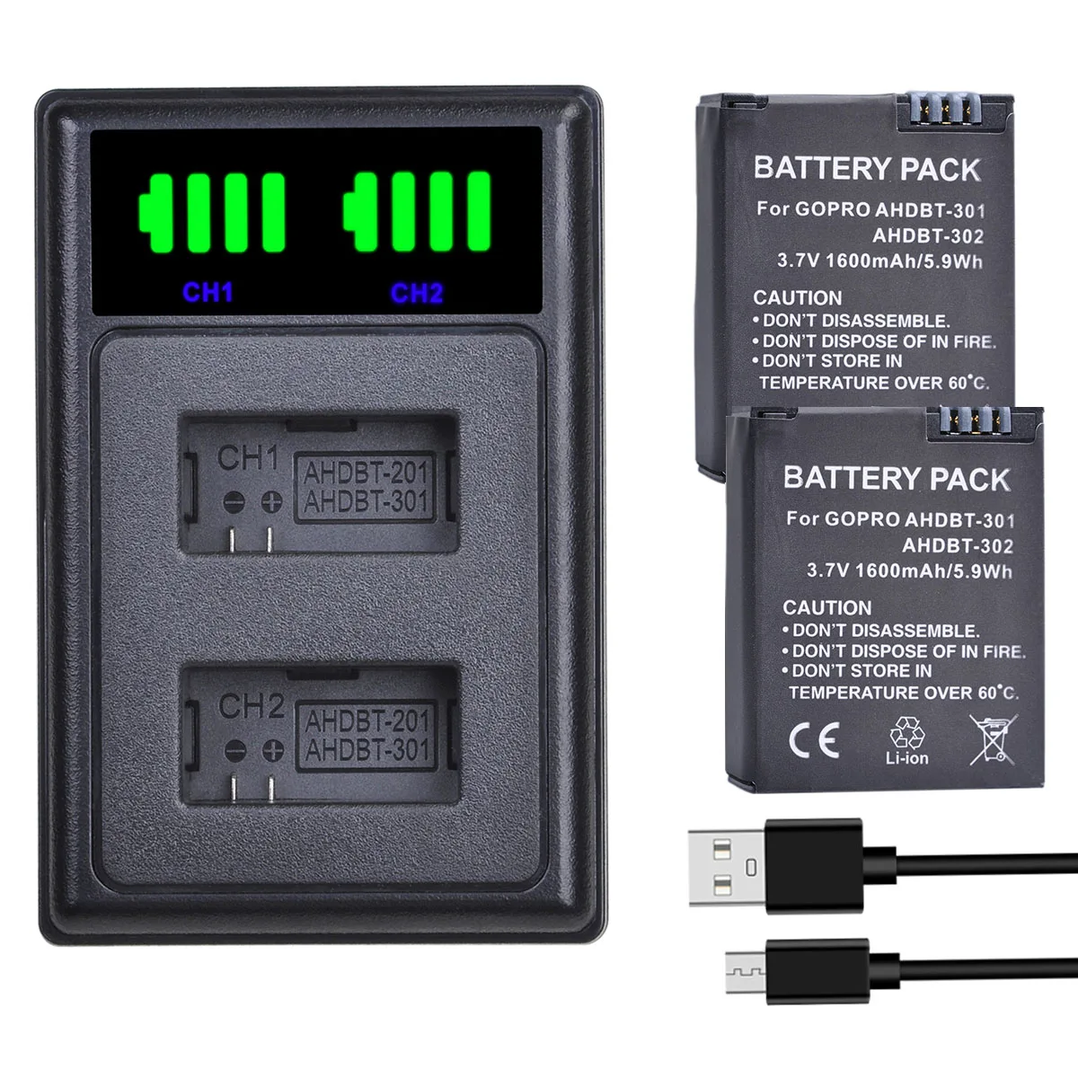 Аккумулятор для Hero 3 2 шт. + двойное зарядное устройство со светодиодной подсветкой для GoPro AHDBT-301 Hero3 Hero 3 Hero 3 + HD-камера черного, белого, серебристого цветов