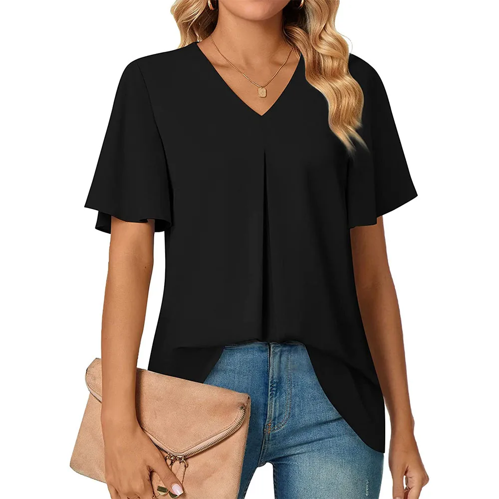 Dámské letní elegantní šifonové halenky s výstřihem do V, krátkým rukávem, tunikou, topem, legínami, ležérním tričkem 621_voghion.com