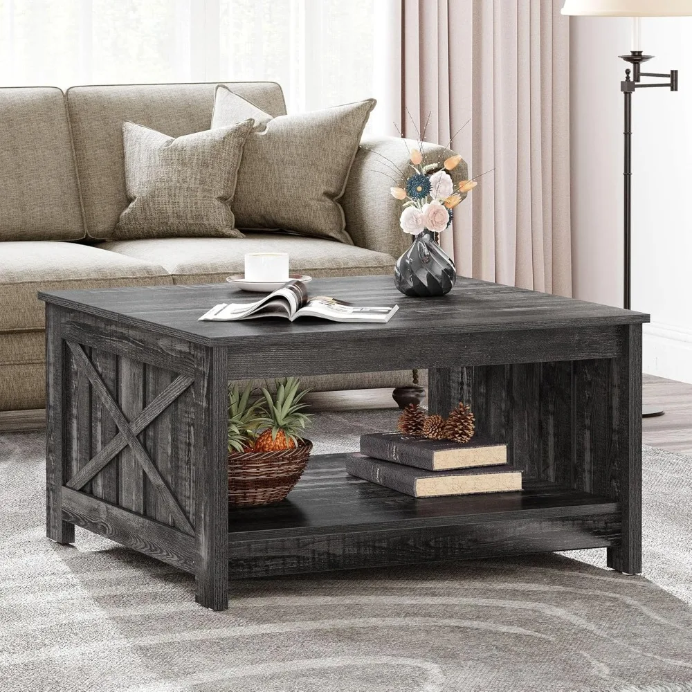 Coffee Table Farmhouse, Square Coffee Table with Semi Open Storage Compartment, Dark Country Style Oak 3
