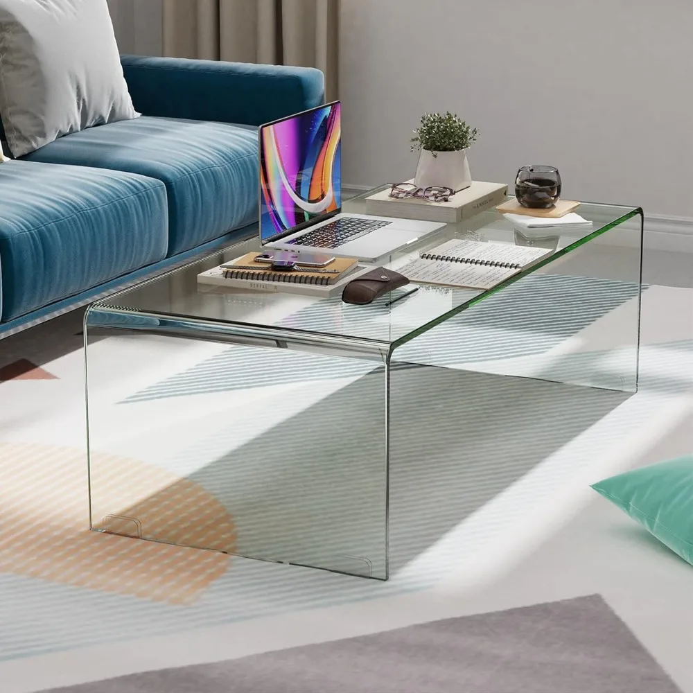 Glass Coffee Table Modern Home Furniture Clear Tempered Glass End Table Waterfall Table with Rounded Edges 5