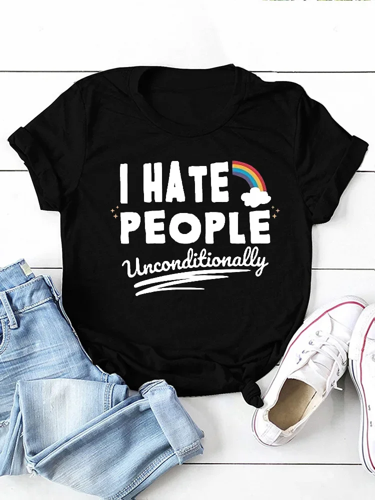 

I Hate People Rainbow Print Women T Shirt Short Sleeve O Neck Loose Women Tshirt Ladies Tee Shirt Tops Camisetas Mujer