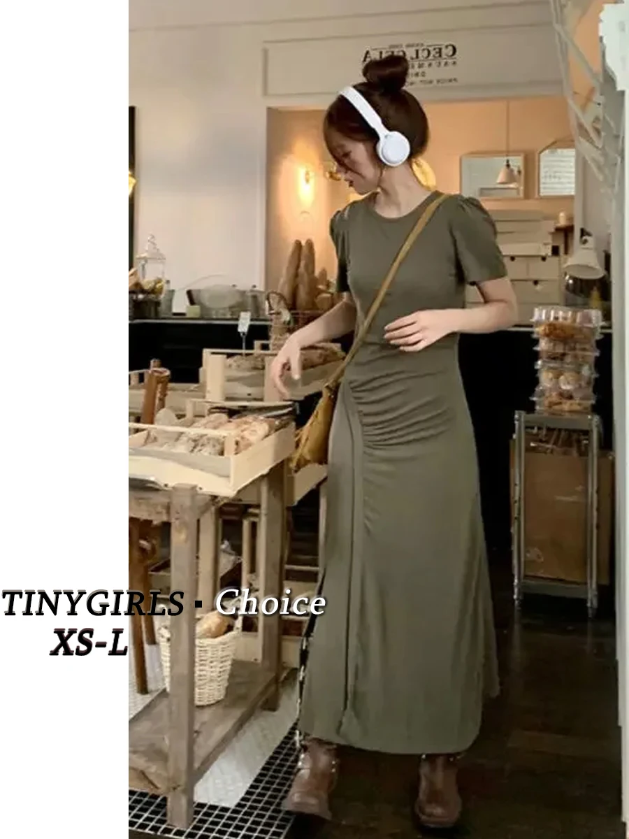 

145cm Shortgirls A-line Mid-length French Sweet and Spicy Split Dress Women Waist retraction T-shirt Dress XS Appear High Summer