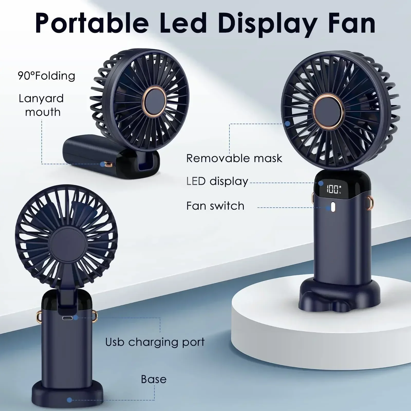 Hand Fan Portable Fan Cell Phone Fan 5000mAh Handheld Mini Fan Wireless USB Rechargeable Portable Digital Display Phone Holder Fan 5 Speed Foldable Neck Hanging Fans