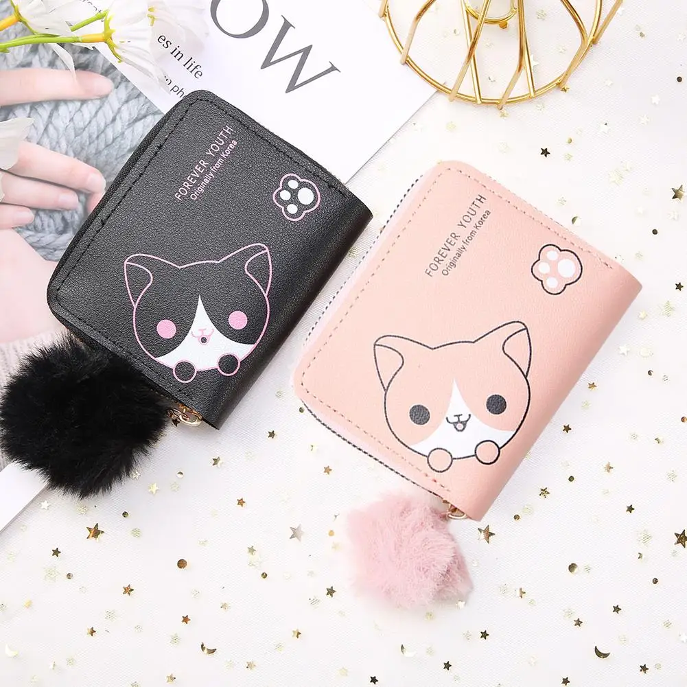 New Women Short Thin Korean Version Cute Cartoon Dog Ladies Small Wallet High-end Leather Card Bag Three Fold Wallet Clutch