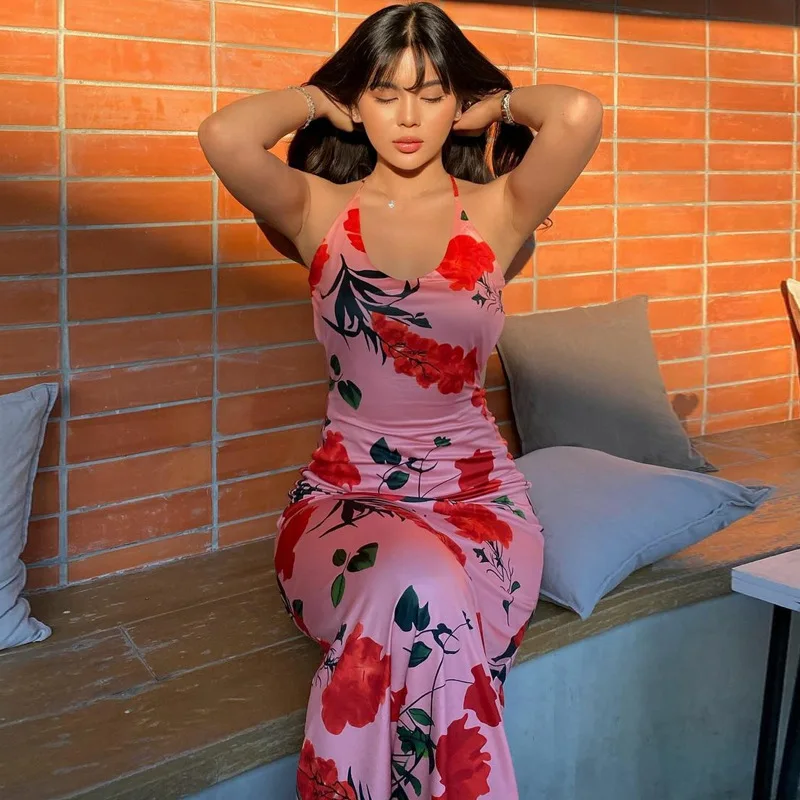 Vestido de moda con espalda descubierta y estampado para mujer, estilo vendaje, ajustado, elegante, de fiesta, con cordones, sexy, largo, para verano 2025