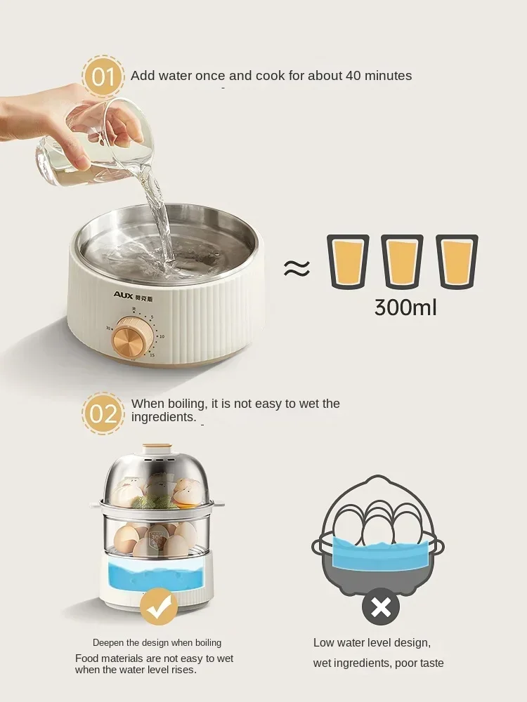 220V 1 Layer/ 2 Layers Home Electric Egg Cooker Automatic Power-Off Stainless Steel Egg Steamer With Timer Breakfast Machine