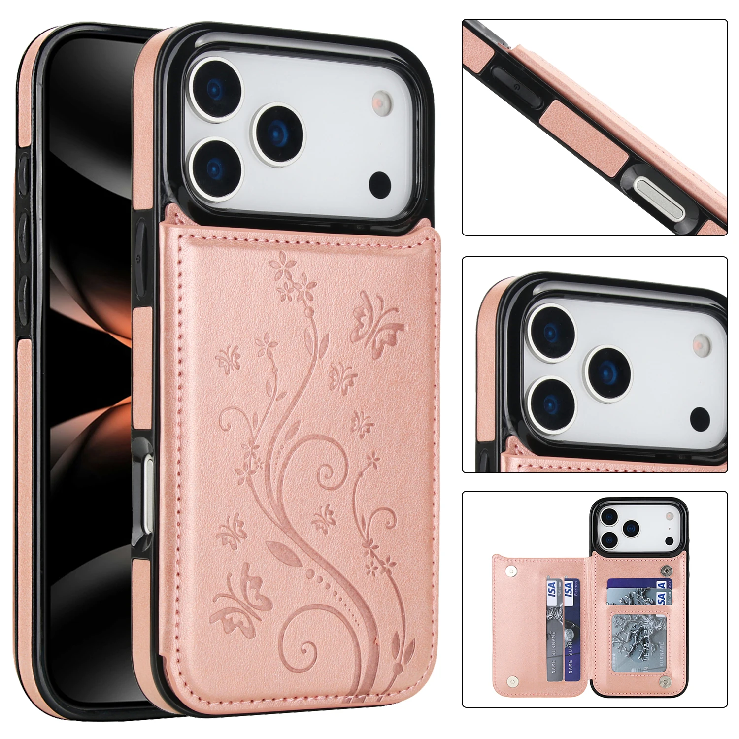 Elegant Butterfly Press Leather Wallet Case with Double Buckle Stand and Card Holder