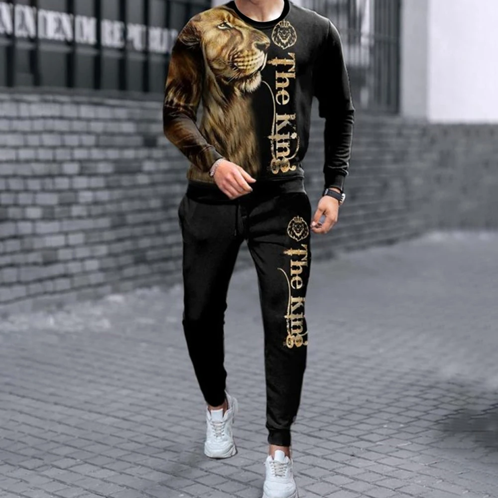 Autumn Men's Long Sleeve Trouser 2 Piece Set Outfit Casual Fierce Tiger 3D Print Oversized Sportwear Men Street Clothing Outfit