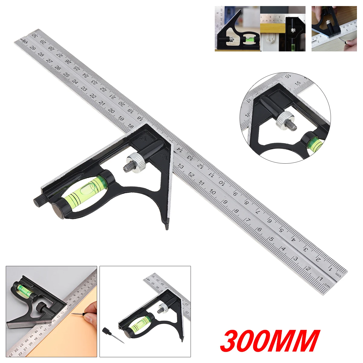 12" 300mm Adjustable Combination Angle Ruler with Bubble Level Measuring Tools 