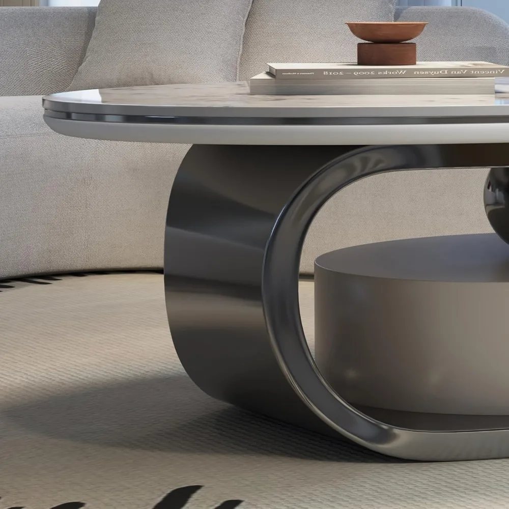 55" Modern Oval Coffee Table with Abstract Metal Base, Sintered Stone Top,Drawer for Living Room-Gary, Coffee table 6