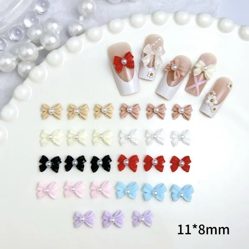 20PCS 솔리드 컬러 진주 Bowknots 네일 매력 3D 미니멀리스트 광택 넥타이 수지 네일 아트 장식 DIY 머리핀 손톱 장식품