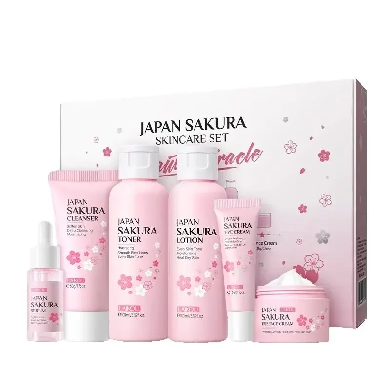 Sakura Skin Care Set Facial Cleanser Moisturizing Face Cream Sunscreen Hydrating Mask Toner Eye Cream Brightening Facial Serum laikou japan sakura facial essence balance grease refreshing hyaluronic acid face serum pure brightening moisturzing skin care