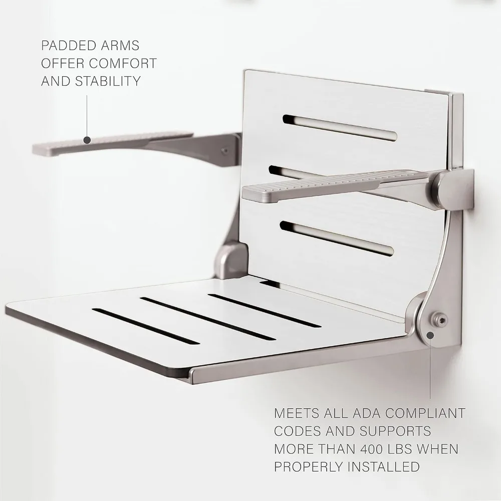 Comfort Folding Wall Mount Shower Bench Seat with Arms, White Seat with Silver Frame 3