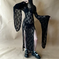 E-girl Goth Punk moulante robe à bretelles femmes pure dentelle robe Maxi chauve-souris à manches longues Y2k fée Grunge voir à travers la robe fluide fendue 3
